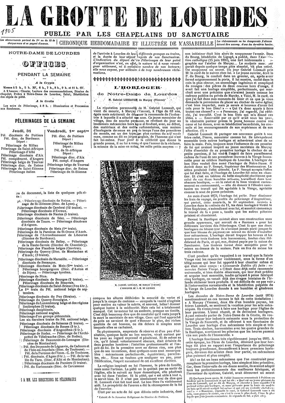 Article de La Grotte de Lourdes, 1905 - L'horloger de Notre-Dame de Lourdes