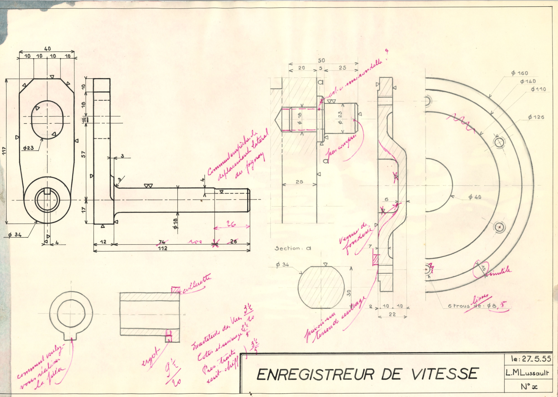 Plan technique d'un enregistreur de vitesse, L.M. Lussault, 27.5.55